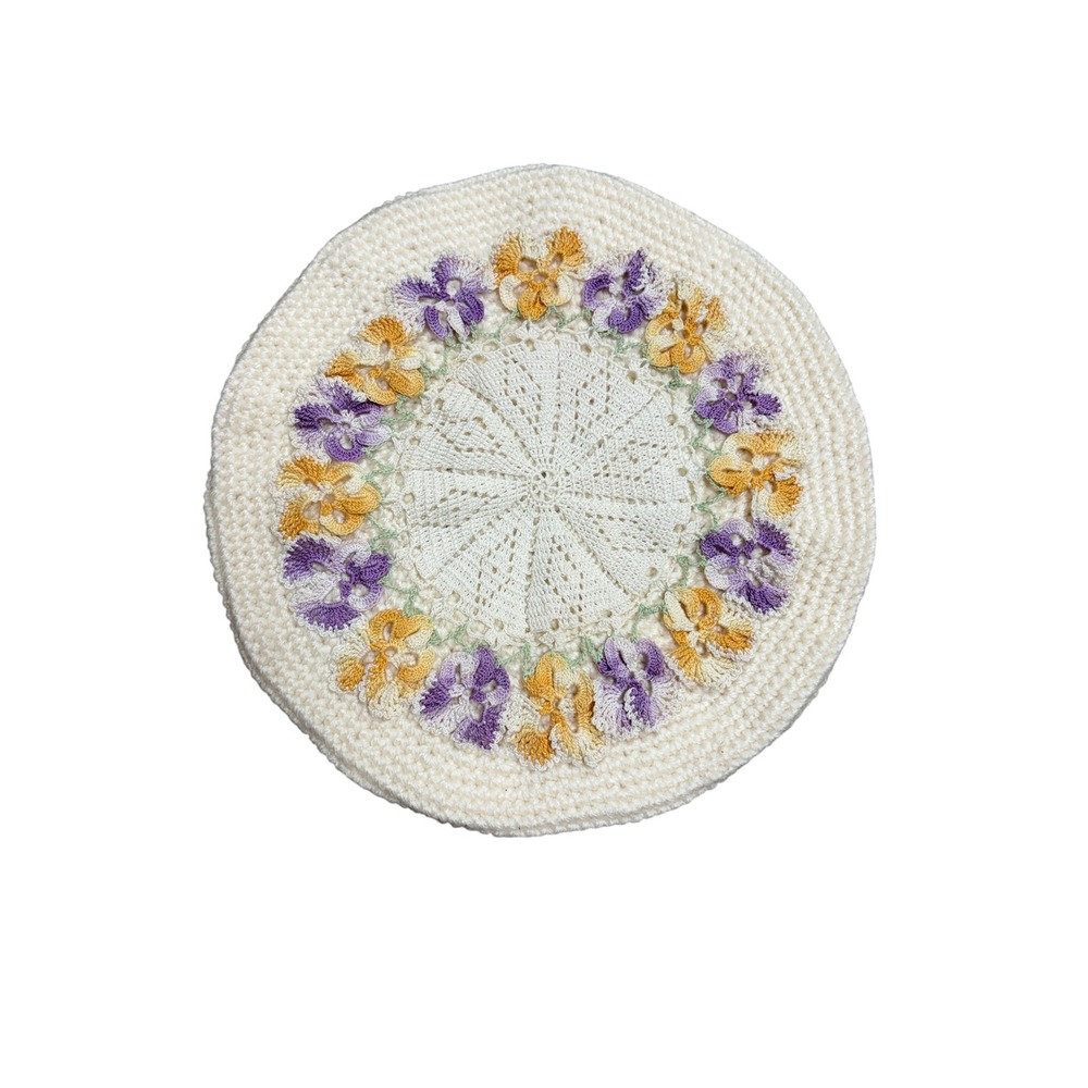 Handmade Crochet Beret Hat Off White Purple Yellow Pansy Floral Knit Cottagecore